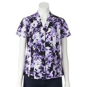 croft & barrow - petite floral pleated button up short sleeve blouse